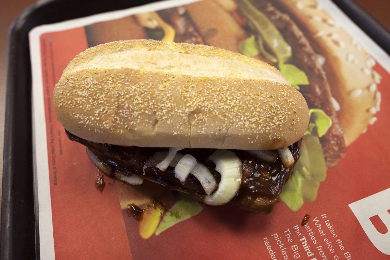 SAN FRANCISCO, CA - NOVEMBER 03: A McRib is seen at a McDonald's restaurant on November 3, 2010 in San Francisco, California. The sandwich arrived on the menu for the first time since 1994 and is offered at all McDonald's nationwide for a limited time until December 5, 2010. The McRib was first introduced in 1981.