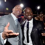 HOLLYWOOD, CA - APRIL 01: Actor Dwayne 'The Rock' Johnson (L) and recording artist/actor Tyrese Gibson attend Universal Pictures' "Furious 7" premiere at TCL Chinese Theatre on April 1, 2015 in Hollywood, California.