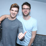 NEW YORK, NY - APRIL 14: NYC based DJs Andrew Taggart and Alex Pall, of The Chainsmokers backstage at the MTV Artist To Watch Event With Flume and The Chainsmokers at Highline Ballroom on April 14, 2014 in New York City.