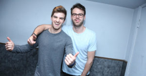 NEW YORK, NY - APRIL 14: NYC based DJs Andrew Taggart and Alex Pall, of The Chainsmokers backstage at the MTV Artist To Watch Event With Flume and The Chainsmokers at Highline Ballroom on April 14, 2014 in New York City.