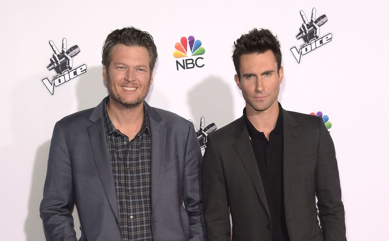 UNIVERSAL CITY, CA - NOVEMBER 24: Singers Blake Shelton and Adam Levine attend NBC's "The Voice" Season 7 Red Carpet Event at Universal CityWalk on November 24, 2014 in Universal City, California.