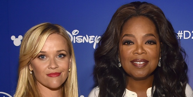 ANAHEIM, CA - JULY 15: (L-R) Actors Reese Witherspoon, Oprah Winfrey and Mindy Kaling of A WRINKLE IN TIME took part today in the Walt Disney Studios live action presentation at Disney's D23 EXPO 2017 in Anaheim, Calif. A WRINKLE IN TIME will be released in U.S. theaters on March 9, 2018. (Photo by Alberto E. Rodriguez/Getty Images for Disney)