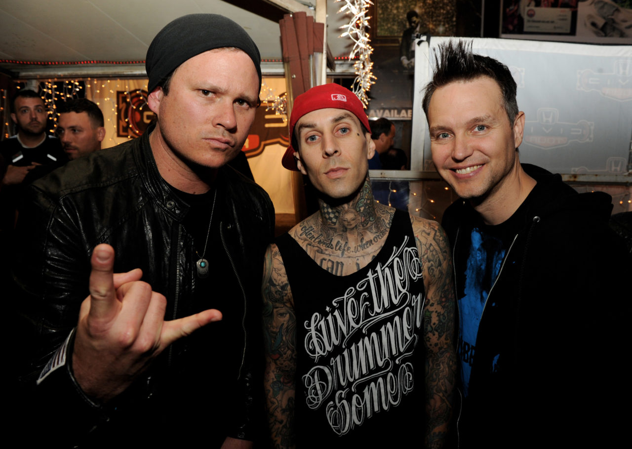 WEST HOLLYWOOD, CA - MAY 23: (L-R) Musicians Tom DeLonge, Travis Barker and Mark Hoppus of blink-182 pose at a press party of announce the 2011 Honda Civic Tour featuring blink-182 and My Chemical Romance at the Rainbow Bar and Grill on May 23, 2011 in West Hollywood, California. (Photo by Kevin Winter/Getty Images)