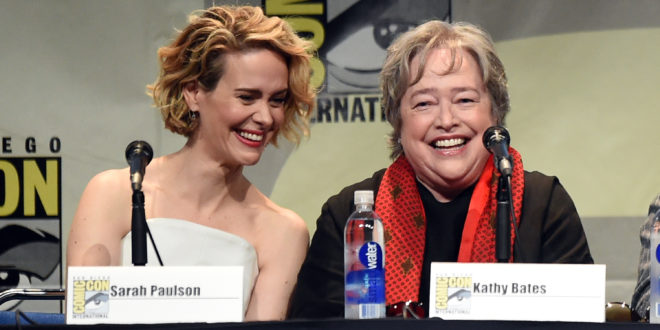 SAN DIEGO, CA - JULY 12: Actresses Sarah Paulson (L) and Kathy Bates speak onstage at the "American Horror Story" and "Scream Queens" panel during Comic-Con International 2015 at the San Diego Convention Center on July 12, 2015 in San Diego, California. (Photo by Kevin Winter/Getty Images)