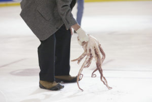 DETROIT, MI - MAY 31: An octopus is picked up off the ice during game seven of the Western Conference finals of the Stanley Cup playoffs between the Detroit Red Wings and the Colorado Avalanche at Joe Louis Arena in Detroit, Michigan on May 31, 2002. The Red Wings won the game 7-0 to win the series. (Photo by Tom Pidgeon/Getty Images/NHLI)
