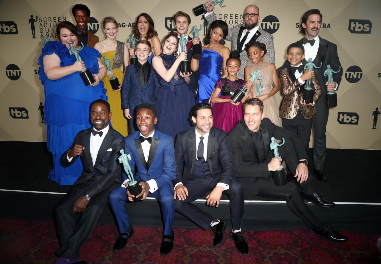 LOS ANGELES, CA - JANUARY 21: Cast of 'This Is Us', winners of Outstanding Performance by an Ensemble in a Drama Series, pose in the press room during the 24th Annual Screen Actors Guild Awards at The Shrine Auditorium on January 21, 2018 in Los Angeles, California. 27522_017 (Photo by Frederick M. Brown/Getty Images)
