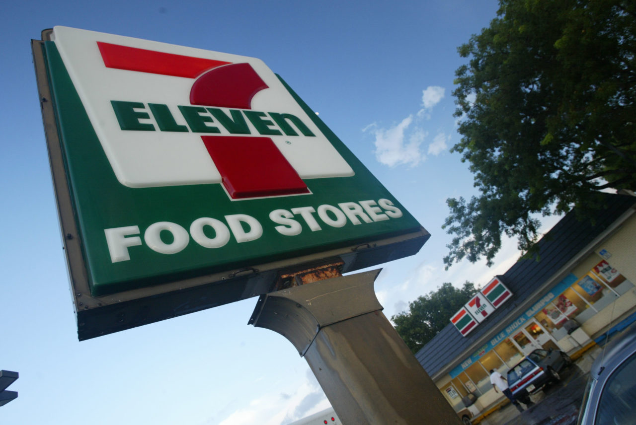 PEMBROKE PINES, FL - JULY 18: A 7-Eleven sign is seen on July 18, 2002 in Pembroke Pines, Florida. 7-Eleven, Inc., the premiere name and largest chain in the convenience retailing industry, is observing its 75th anniversary in 2002. (Photo by Joe Raedle/Getty Images)