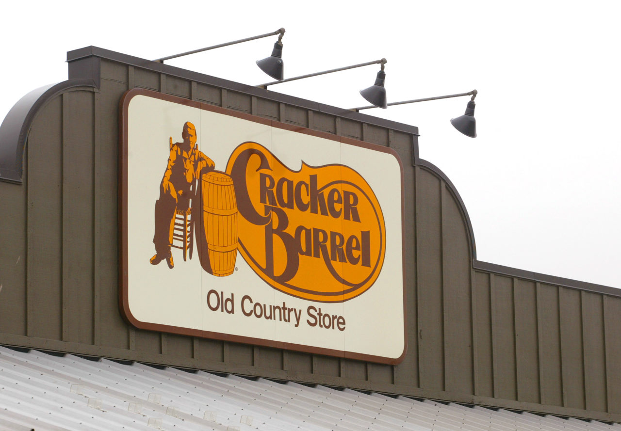 403848 08: A Cracker Barrel Old Country Store sign is visible atop one of its restaurant stores April 12, 2002 in Naperville, IL. The NAACP has joined the racial discrimination lawsuit against Tennessee-based Cracker Barrel restaurants. David Sanford, a lawyer representing other plaintiffs in the case, said the lawsuit was being amended to name the National Association for the Advancement of Colored People as a plaintiff and co-counsel. The class-action lawsuit accuses the Cracker Barrel Old Country Store Inc., headquartered in Lebanon, TN, of segregating black customers in the smoking section and denying them service. (Photo by Tim Boyle/Getty Images)