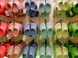 LONDON - OCTOBER 18: Rows of hanging Crocs in the first UK Crocs store on October 18, 2007 in London England. Crocs have launched a new Mammoth model for the winter to celebrate the opening of the new store. (Photo by Cate Gillon/Getty Images)