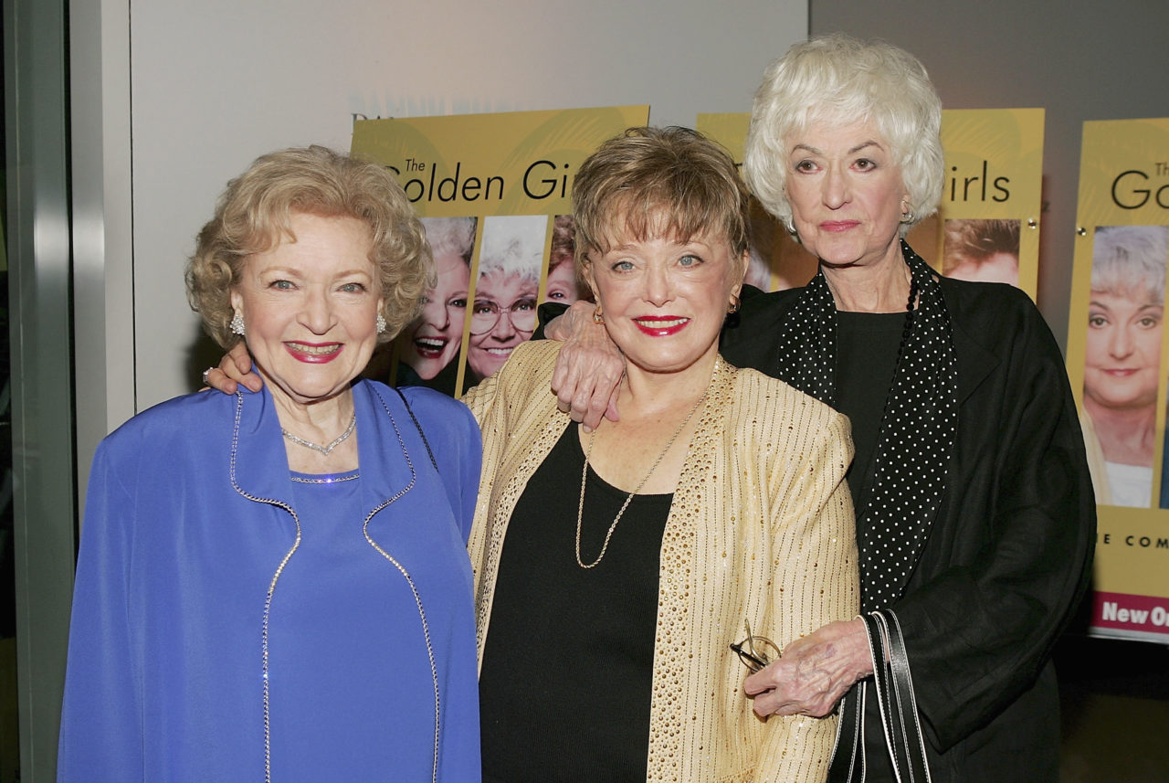 LOS ANGELES - NOVEMBER 18: (L to R) Actresses Betty White, Rue McClanahan and Bea Arthur arrive for the DVD release party for "The Golden Girls" the first season November 18, 2004 in Los Angeles, California. (Photo by Carlo Allegri/Getty Images)