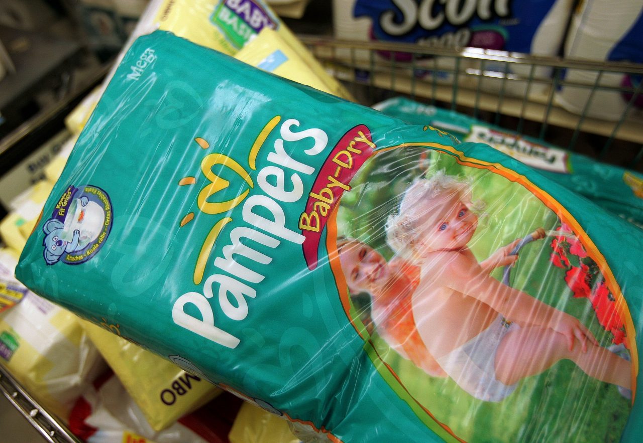 CHICAGO - APRIL 27: Procter & Gamble-brand Pampers diapers sit in a shopping cart in a grocery store April 27, 2005 in Chicago, Illinois. The price of diapers is set to rise this summer as manufacturers pass on higher production costs including such unique diaper materials as adhesives and super absorbents. (Photo by Tim Boyle/Getty Images)