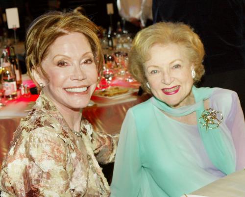 HOLLYWOOD, CA - MARCH 7: Actresses Mary Tyler Moore and Betty White at the 2nd Annual TV Land Awards held on March 7, 2004 at The Hollywood Palladium, in Hollywood, California. (Photo by Kevin Winter/Getty Images)