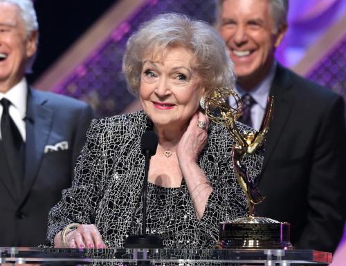  BURBANK, CA - APRIL 26:  Actress Betty White accepts Daytime Emmy Lifetime Achievement Award onstage during The 42nd Annual Daytime Emmy Awards at Warner Bros. Studios on April 26, 2015 in Burbank, California.  (Photo by Jesse Grant/Getty Images for NATAS)