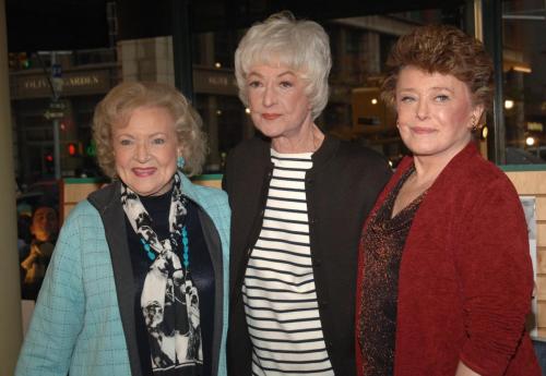 NEW YORK - NOVEMBER 22: (L-R) Actress Betty White, Bea Arthur and Rue McClanahan sign copies of "The Golden Gilrs Season 3" DVD at Barnes & Noble on November 22, 2005 in New York City.  (Photo by Brad Barket/Getty Images)Iso: 320Copyright: 2005 Getty Images